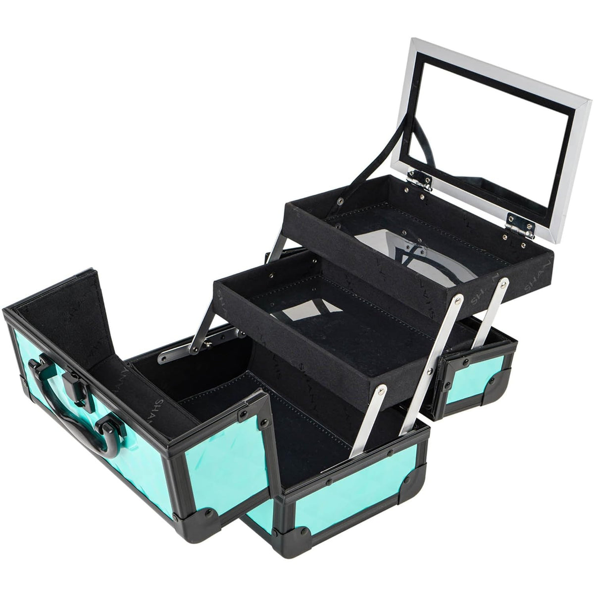 Portable Makeup Case with Mirror Turquoise Travel Cosmetic Organizer with Lock and Trays