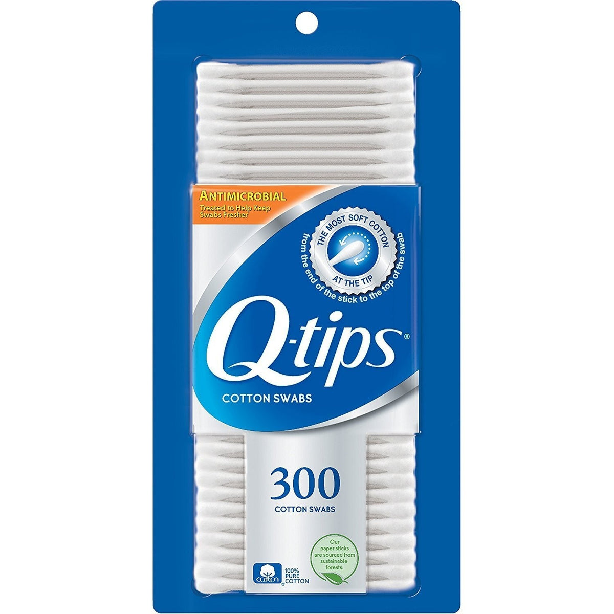 Cotton Swabs - Soft, Antimicrobial, 100% Pure Cotton, 300 Count