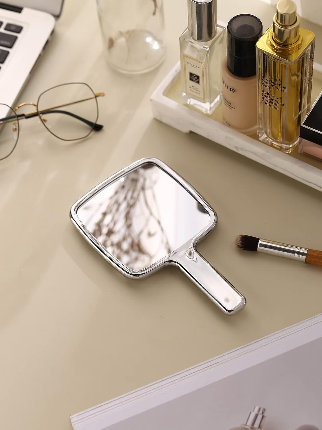 Small Handheld Makeup Mirror - Silver, 4 x 7 Inches, Portable Lash Mirror