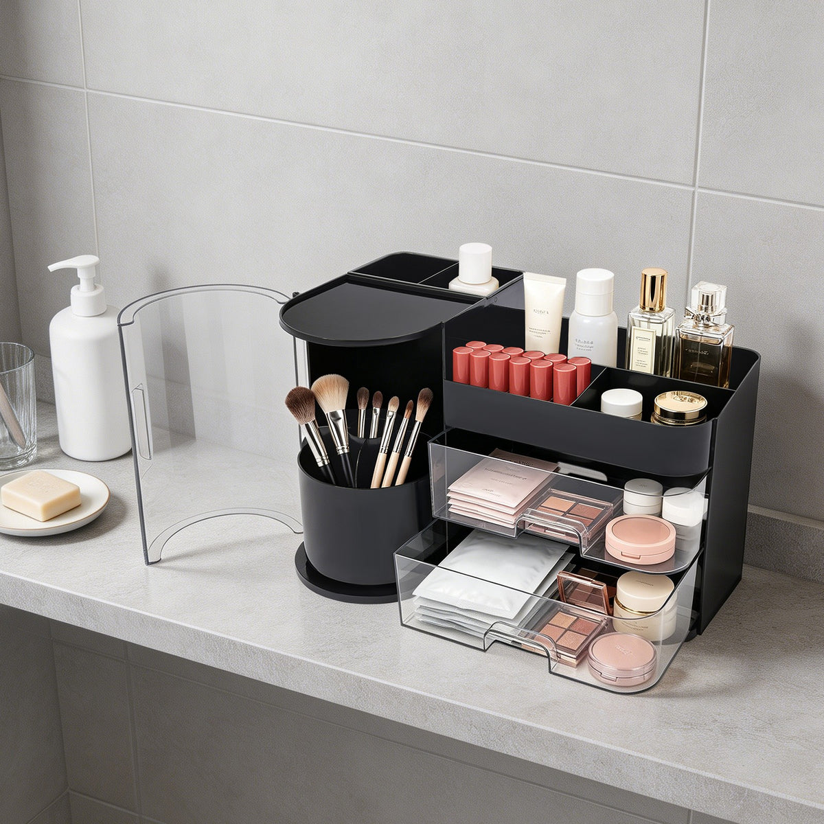 Rotating Makeup Organizer with Drawers & Brush Holder - Black 35x21cm
