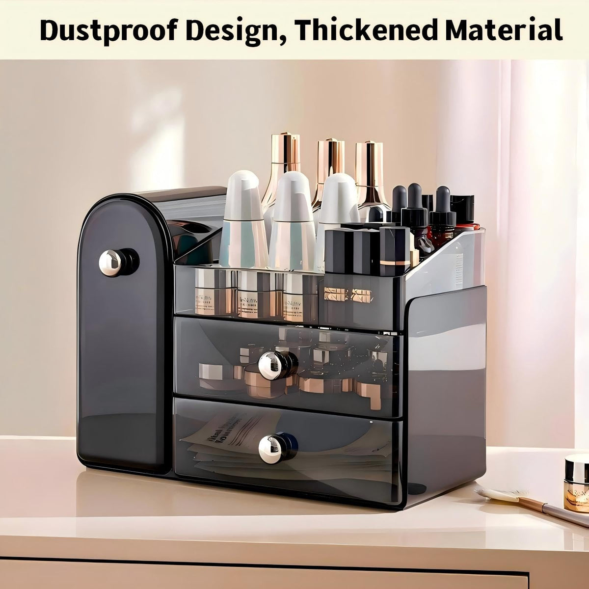 Makeup Organizer with Brush Holder and Drawers for Vanity - Black