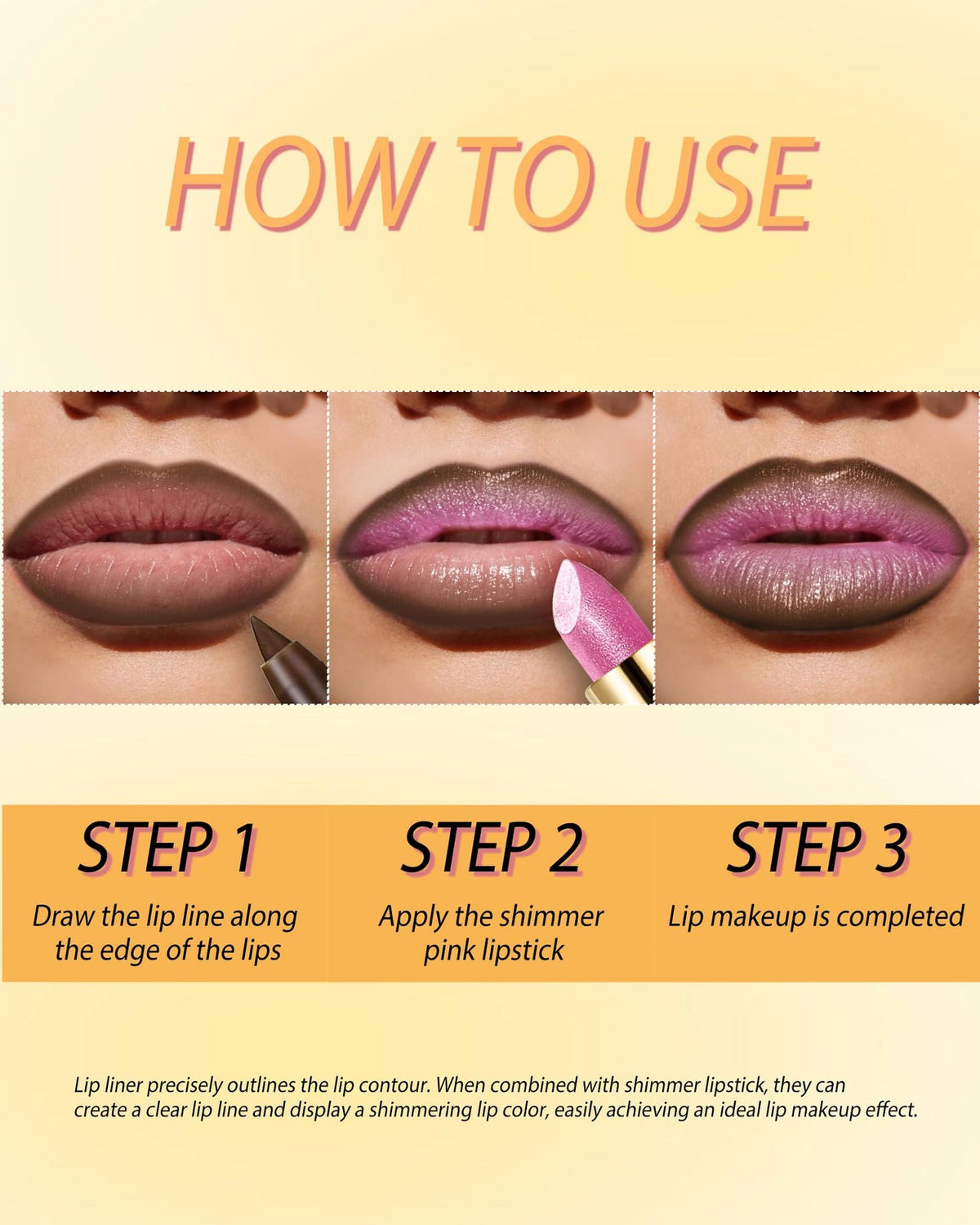 Pink Shimmer Lipstick and Brown Lip Liner Set - Long Lasting & Glitter Finish