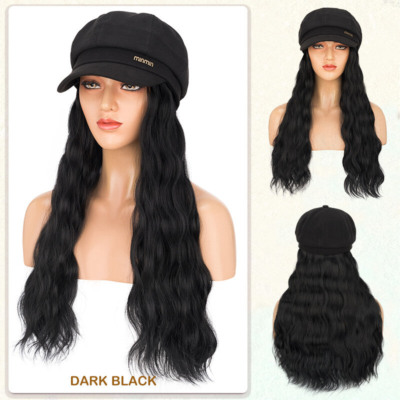 Unisex Wavy Long Hair Beret Cap with Synthetic Hair - Casual Hat Wig