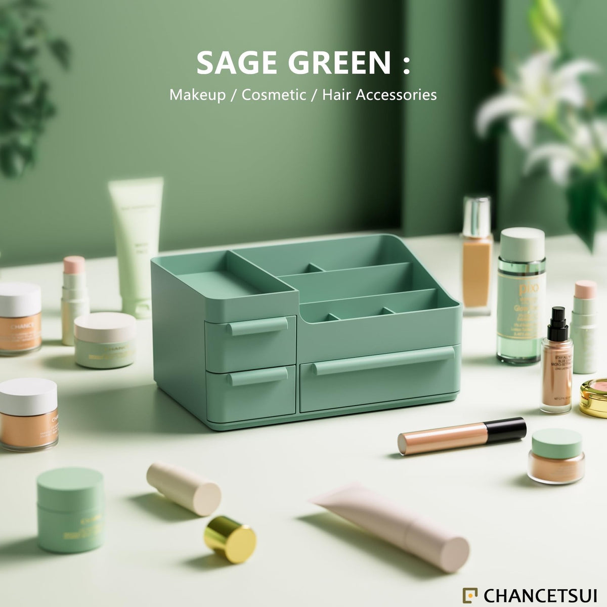 Green Makeup Organizer Countertop with Drawers - Vanity Storage Box