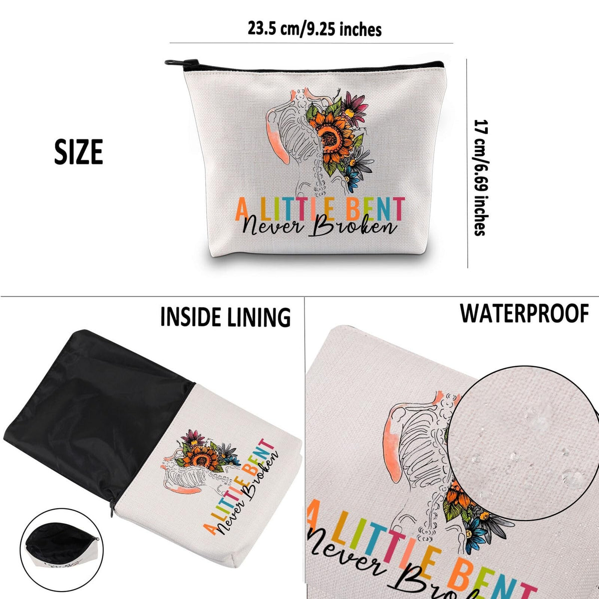 Scoliosis Awareness Makeup Bag - Never Broken Never Bent Gift for Warriors