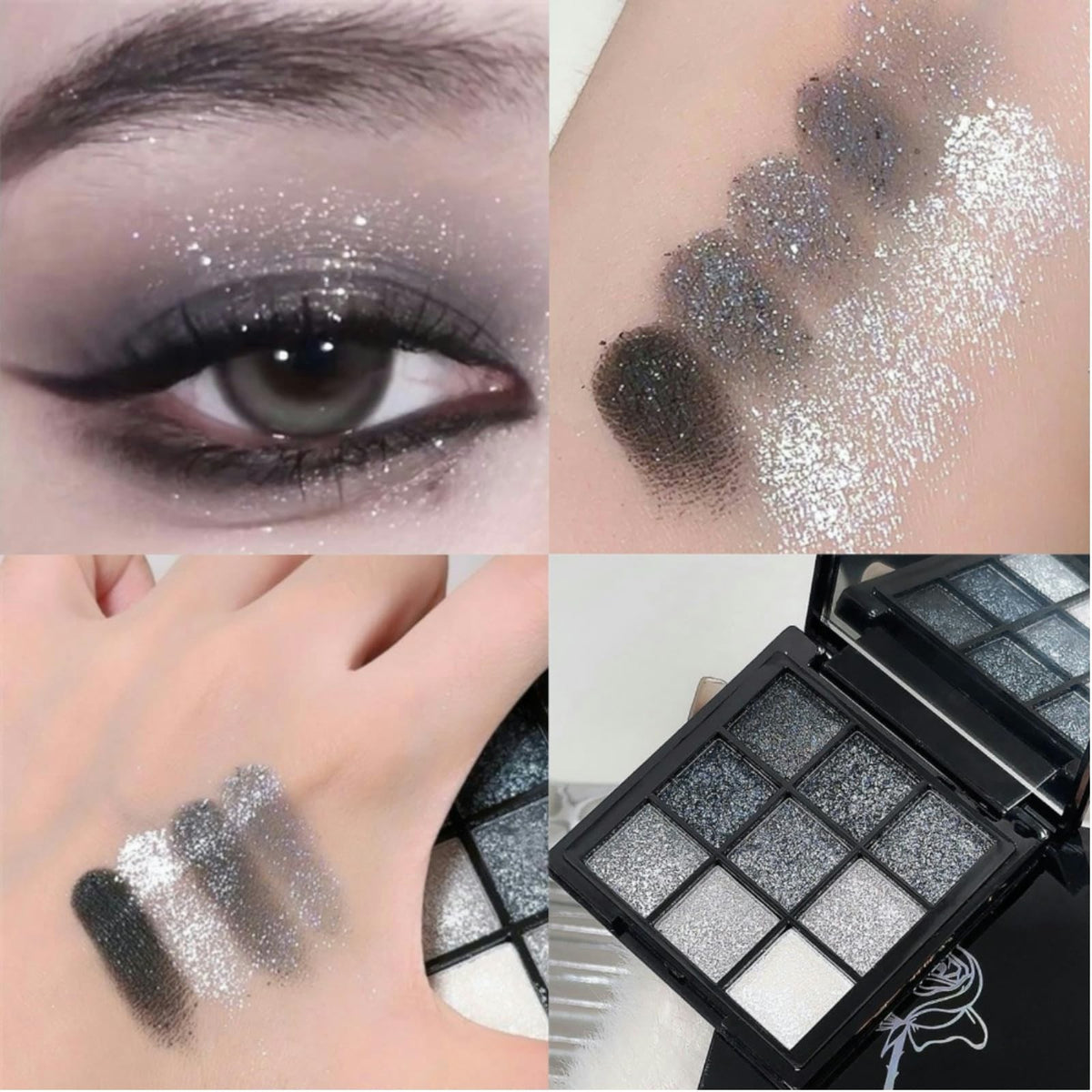 Glitter Eyeshadow Palette - 9 Colors, Waterproof & Long-Lasting, Black Silver