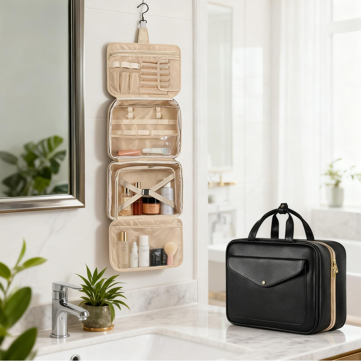 Travel Toiletry Bag with Hook - 13x9x5 Inch Black PU Leather Cosmetic Organizer