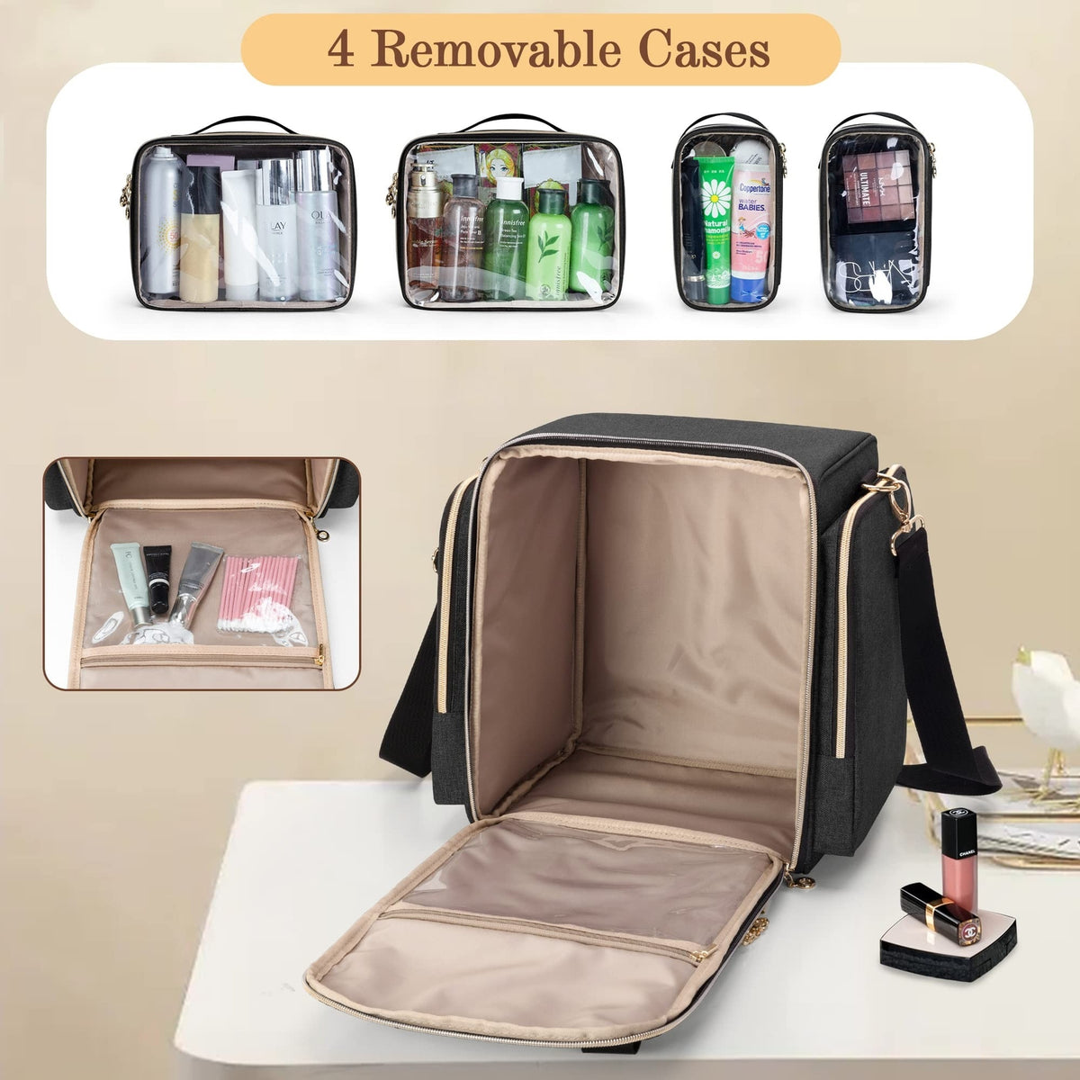 Large Travel Makeup Bag with Removable Cases and Multiple Storage Compartments