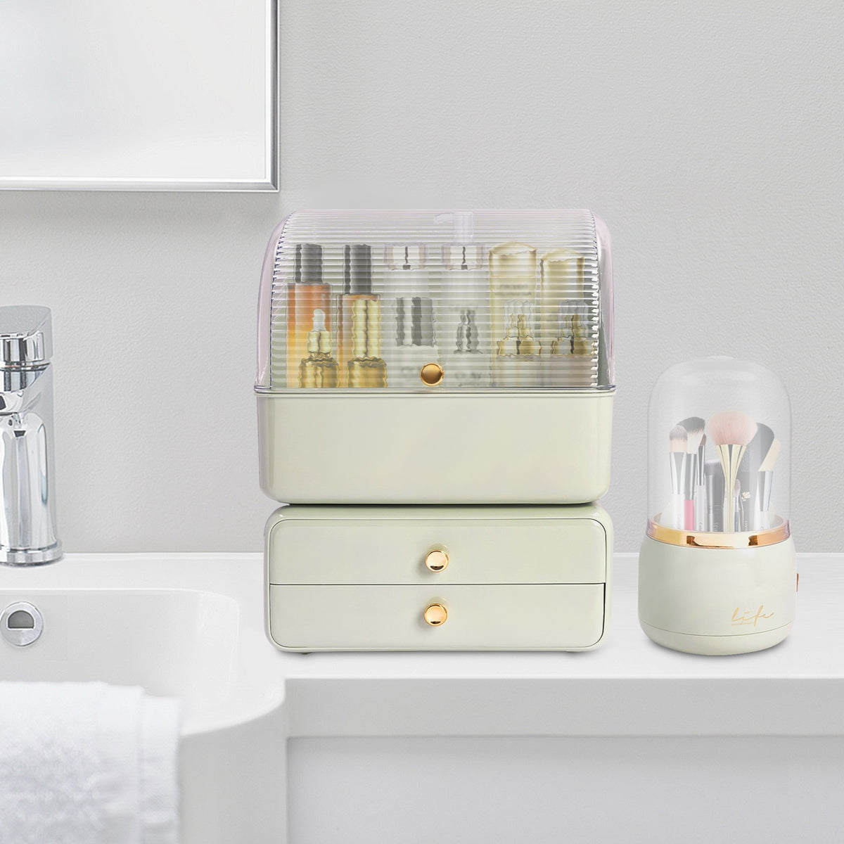 Makeup Organizer with Drawers and Brush Holder - Cosmetic Storage Container