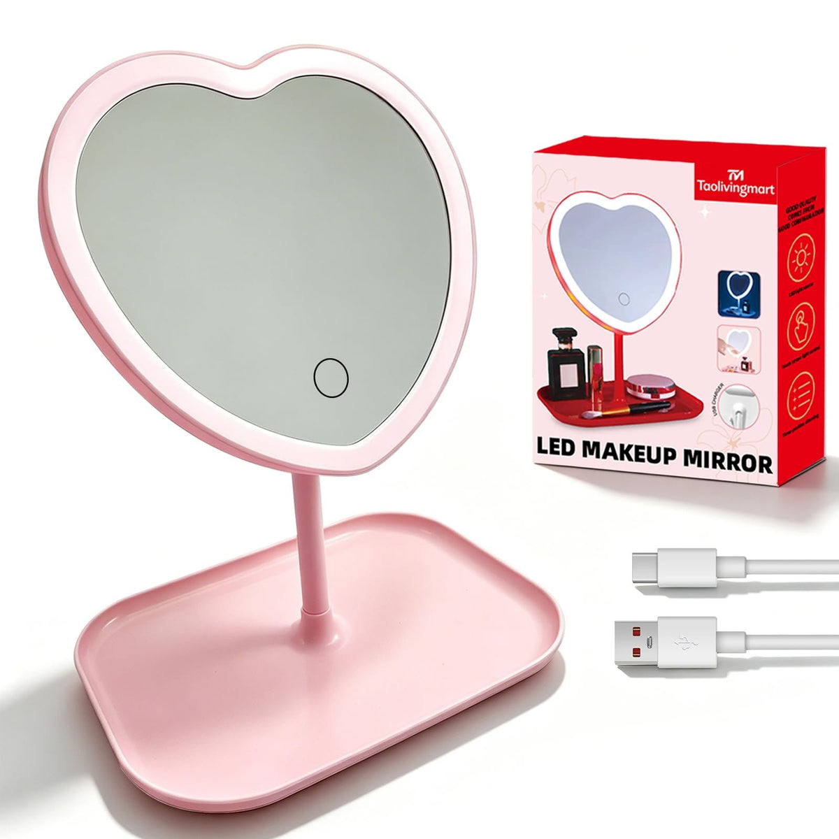 Heart-Shaped Vanity Mirror with 3 Light Colors and Dimming, 11x9 Inch