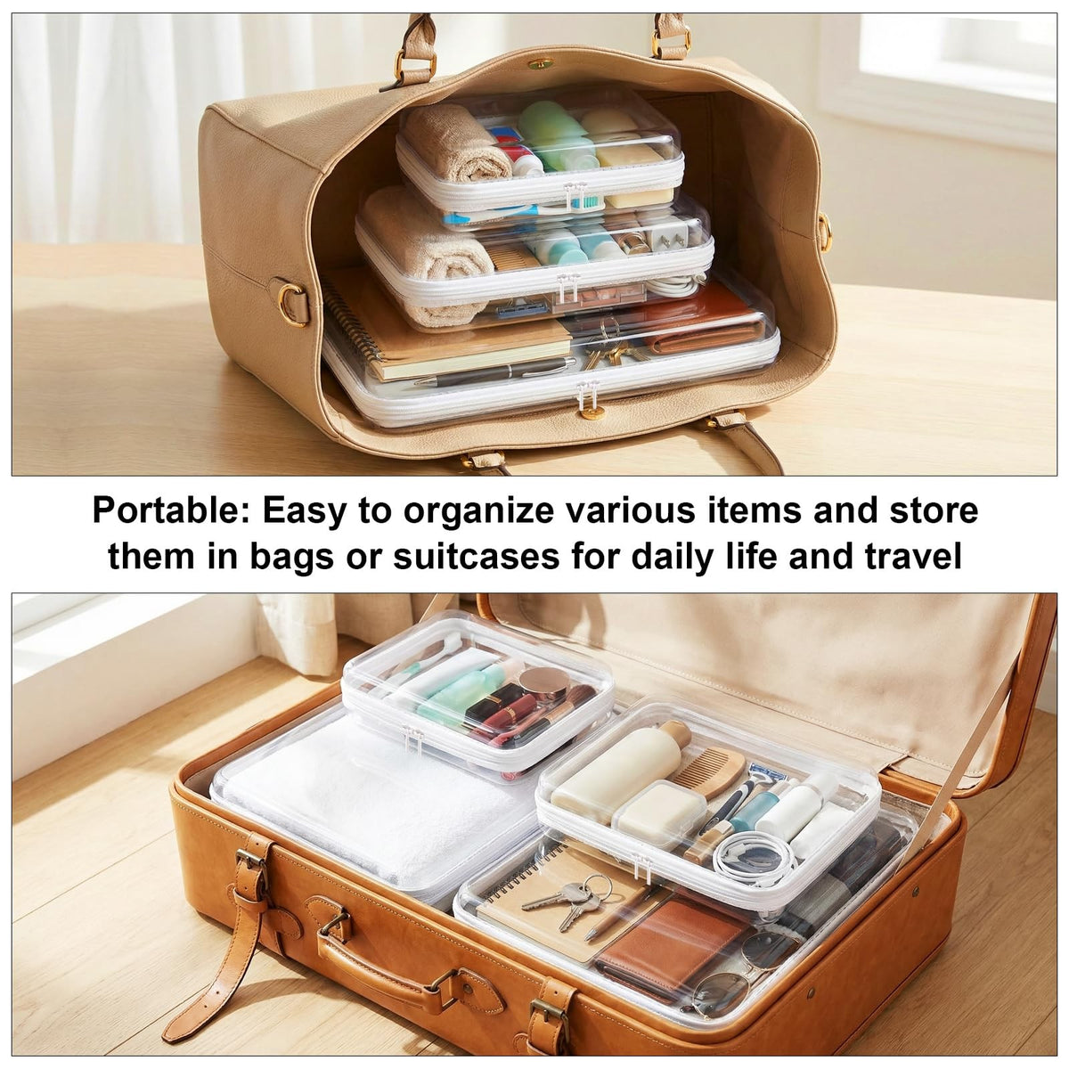 Transparent Waterproof Hard Shell Plastic Zipper Storage Pouches Set 3 Pack