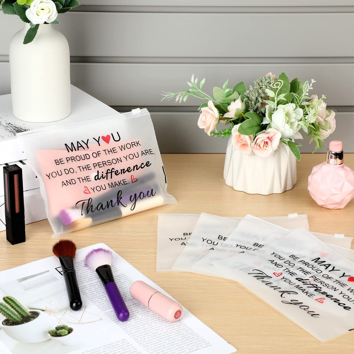 150 Pcs Waterproof Makeup Bags Bulk with Inspirational Quotes - Portable Cosmetic Organizer