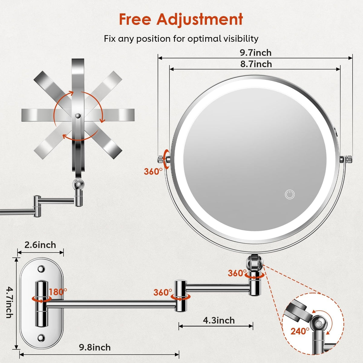9-Inch Wall Mounted Lighted Makeup Mirror - Rechargeable 1X/30X Magnification with Touch Control