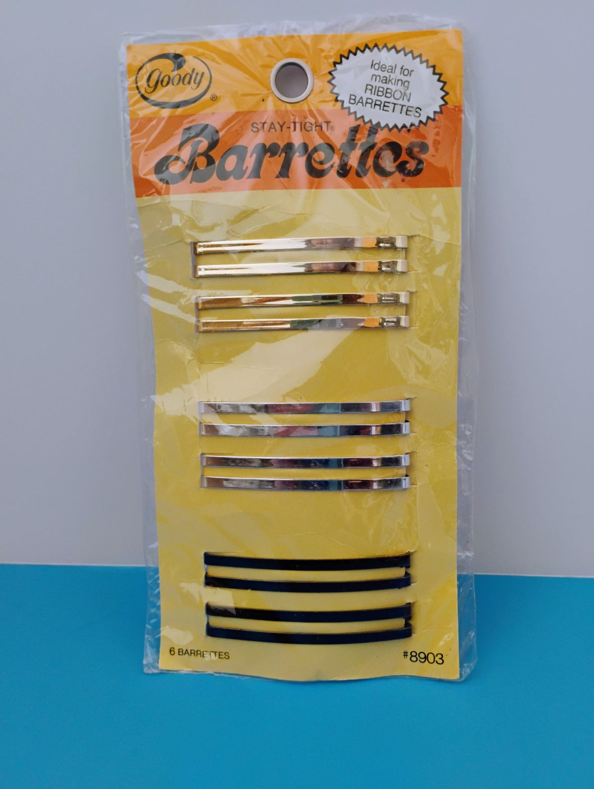 1975 Goody Stay Tight Barrettes 6 Metal Double Line 8903 Gold Silver