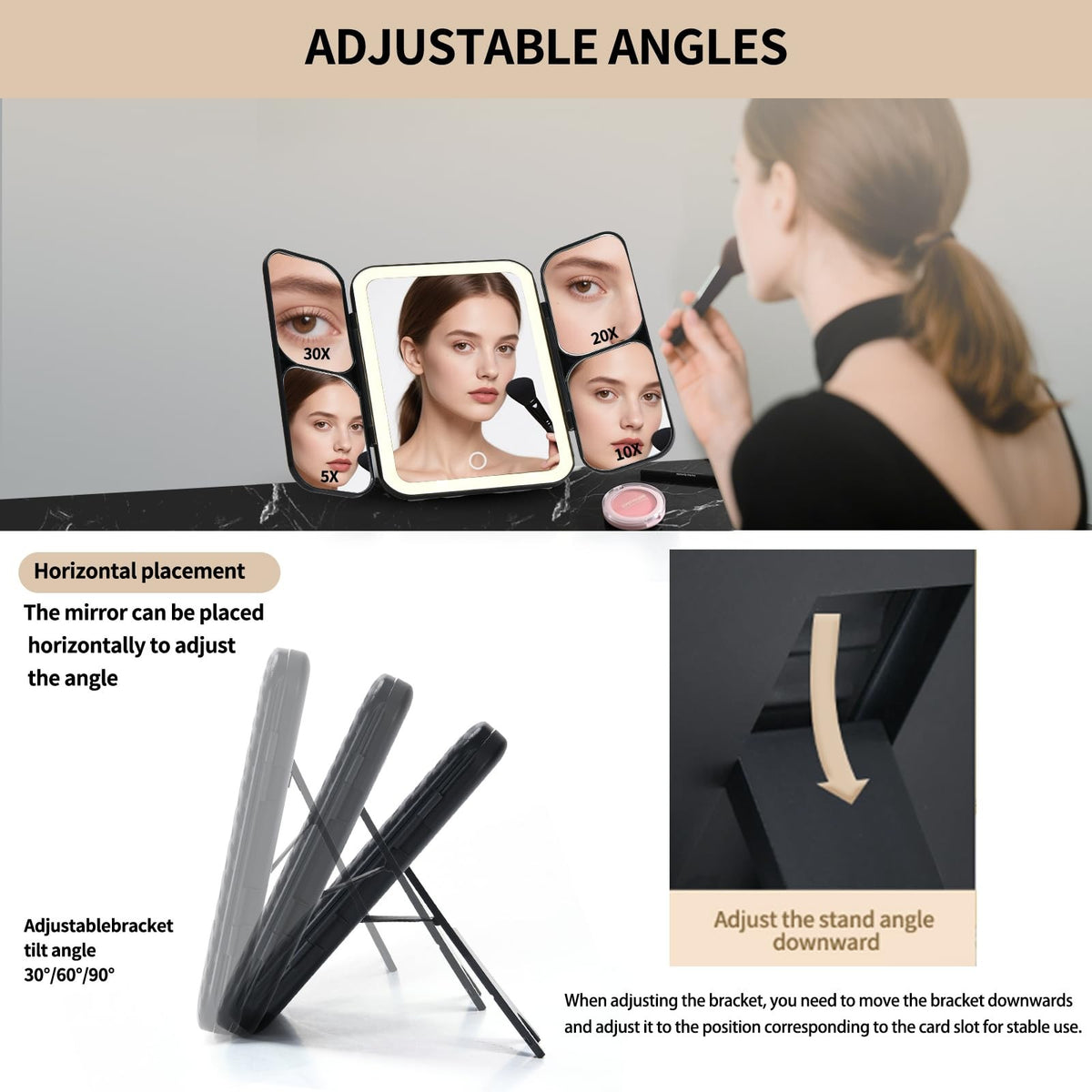 Rechargeable Travel Makeup Mirror with 5X-30X Magnification, Dimmable Light, Tri-Fold Design