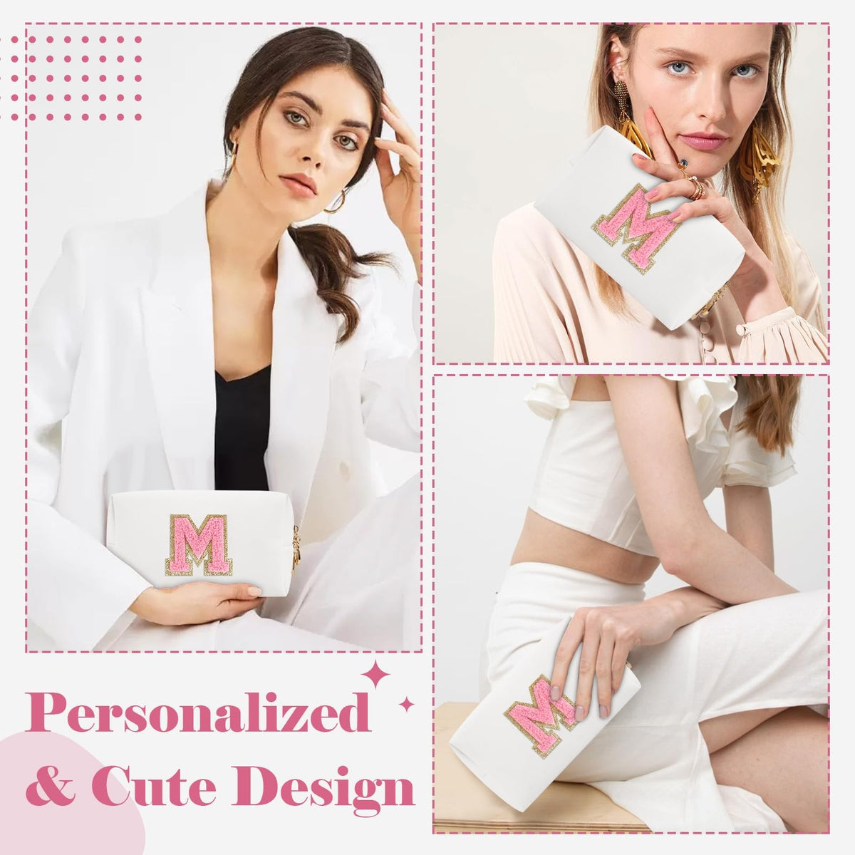 Personalized Makeup Bag with Initial Letter - Waterproof PU Cosmetic Pouch