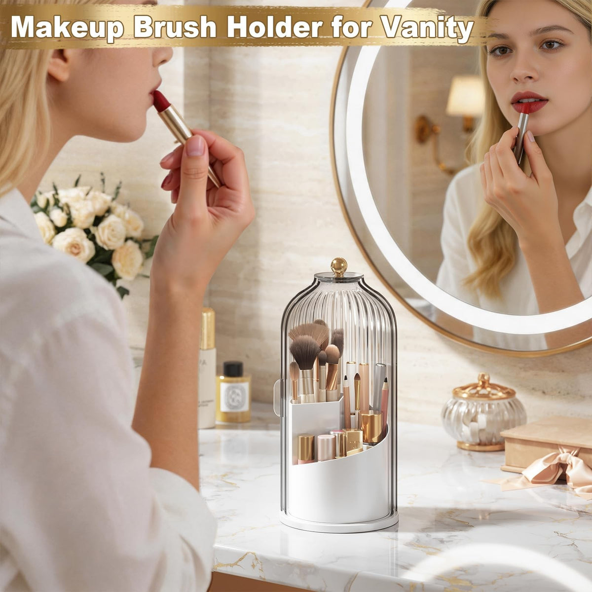 Dustproof 360° Rotation Covered Makeup Brush Holder with Sliding Lid - Clear