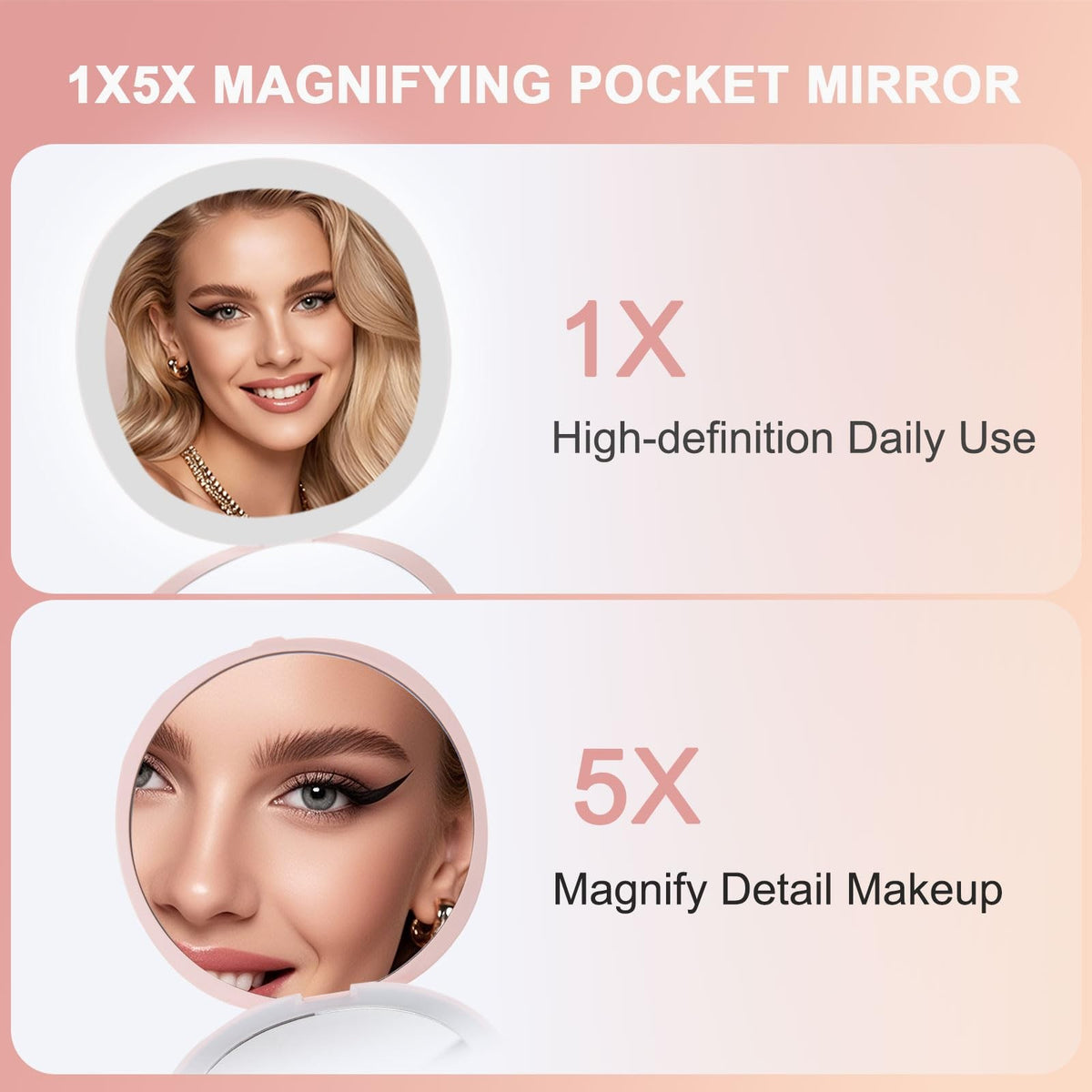 Portable Travel Makeup Mirror with Lights 1X/5X Magnification Pink