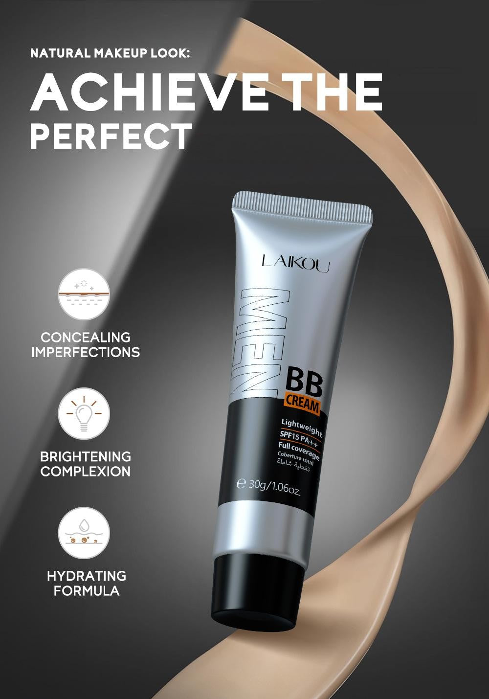 Men's Full Coverage Waterproof BB Cream Concealer with SPF 15 - Natural Tone