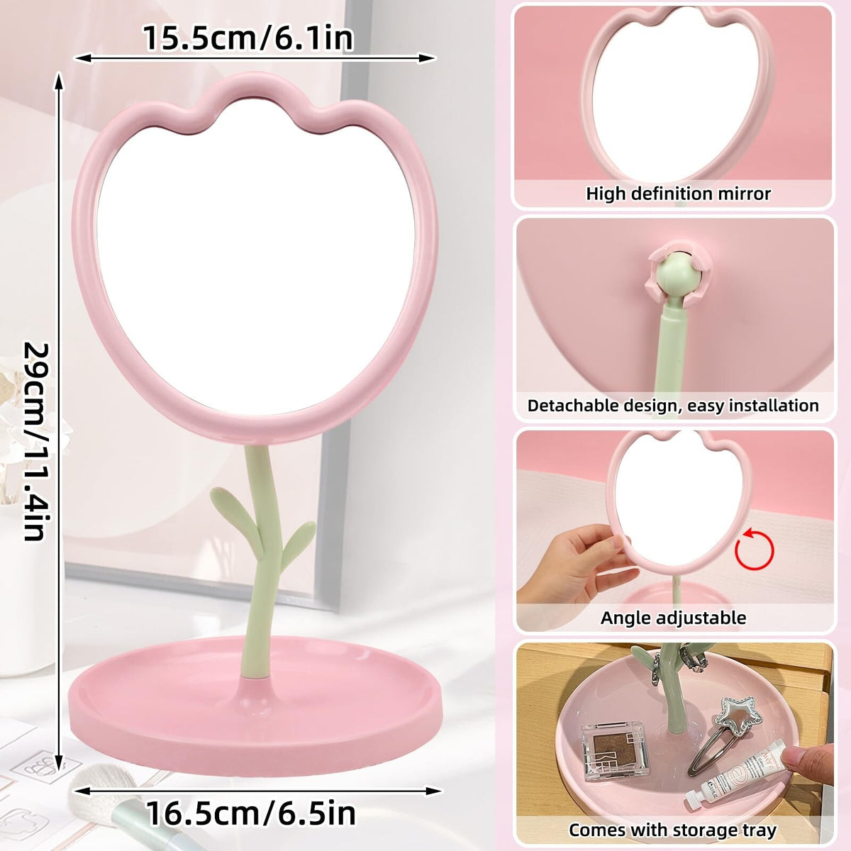 Flower Shaped Tabletop Vanity Mirror with Tray - Pink Compact Makeup Mirror
