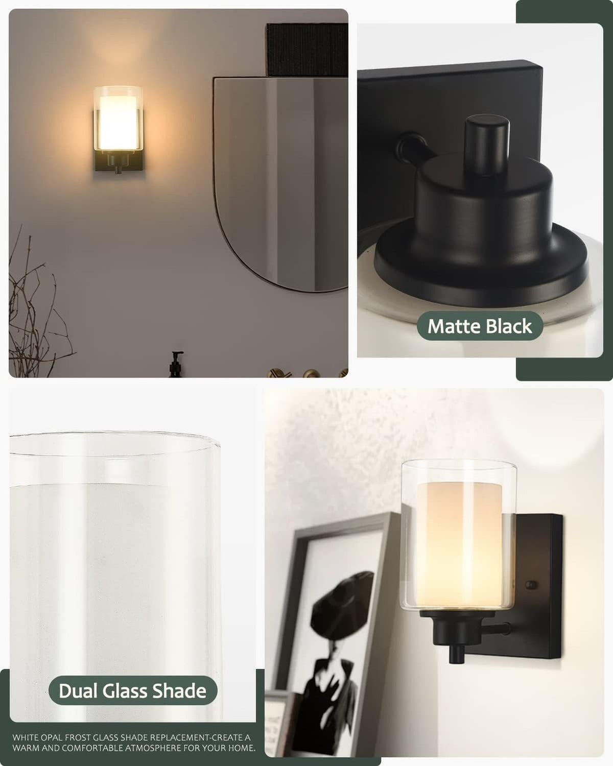 3-Pack Indoor Black Vanity Light Fixtures - 1-Light Wall Sconce with Dual Glass Shade, E26, Dimmable
