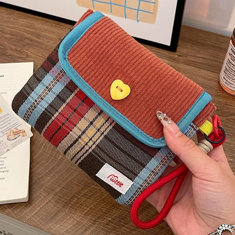 Mini Plaid Makeup Bag for Purse - Portable Cosmetic Organizer with Wrist Strap