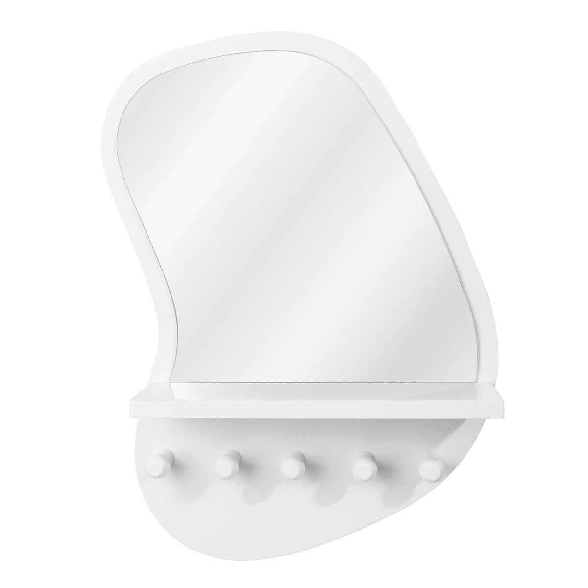 Wall Mount Wood Frame Irregular Mirror with Shelf & Hooks for Entryway, Bedroom, Living Room