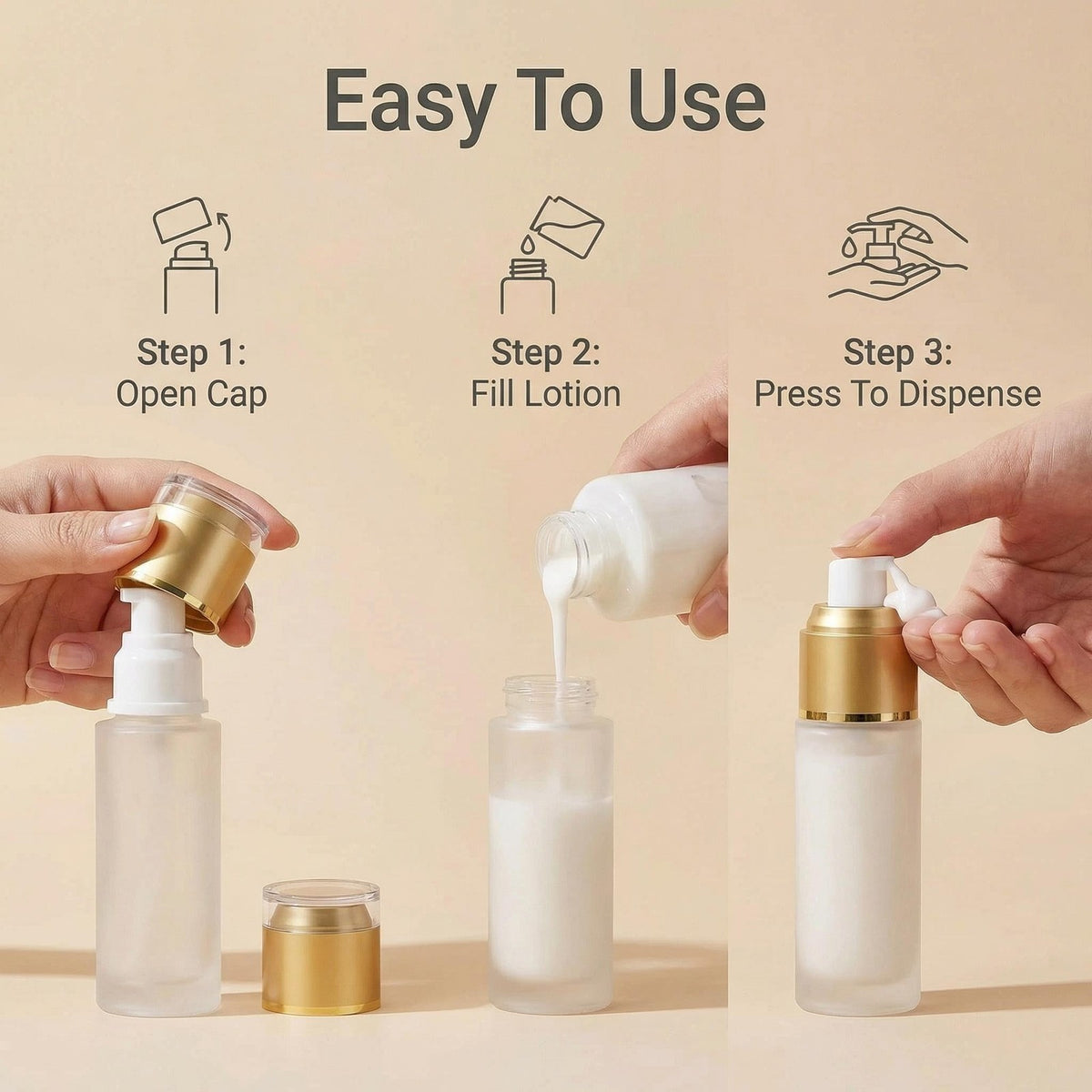 3 Pack 60ml Frosted Glass Lotion Pump Bottles with Gold Caps - Travel & Skincare
