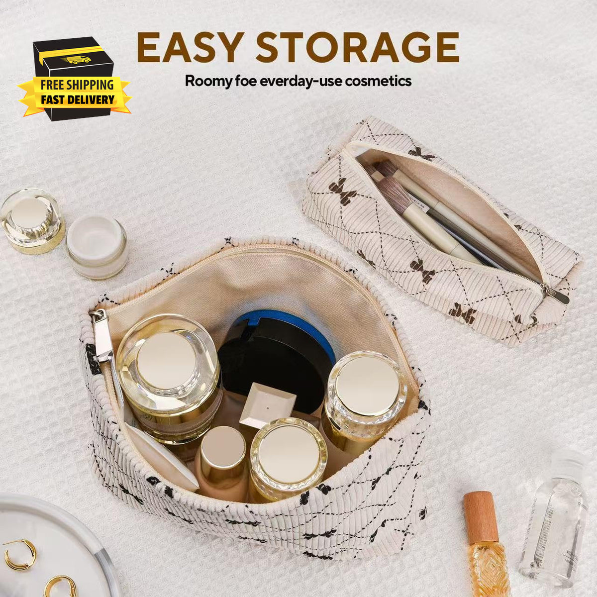 Large Capacity Corduroy Makeup Bag Set with Brush Storage for Travel & Daily Use