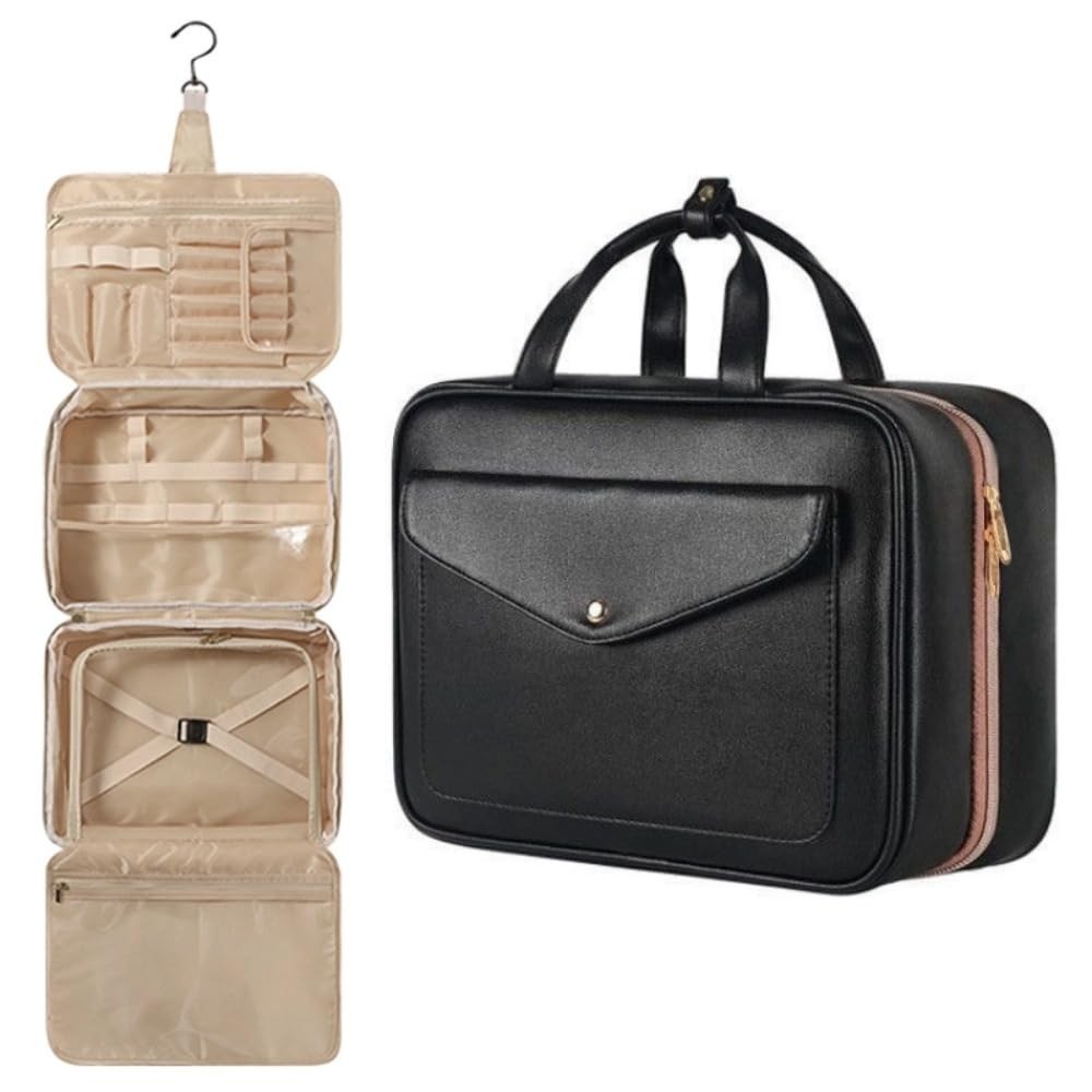 Travel Toiletry Bag with Hook - 13x9x5 Inch Black PU Leather Cosmetic Organizer
