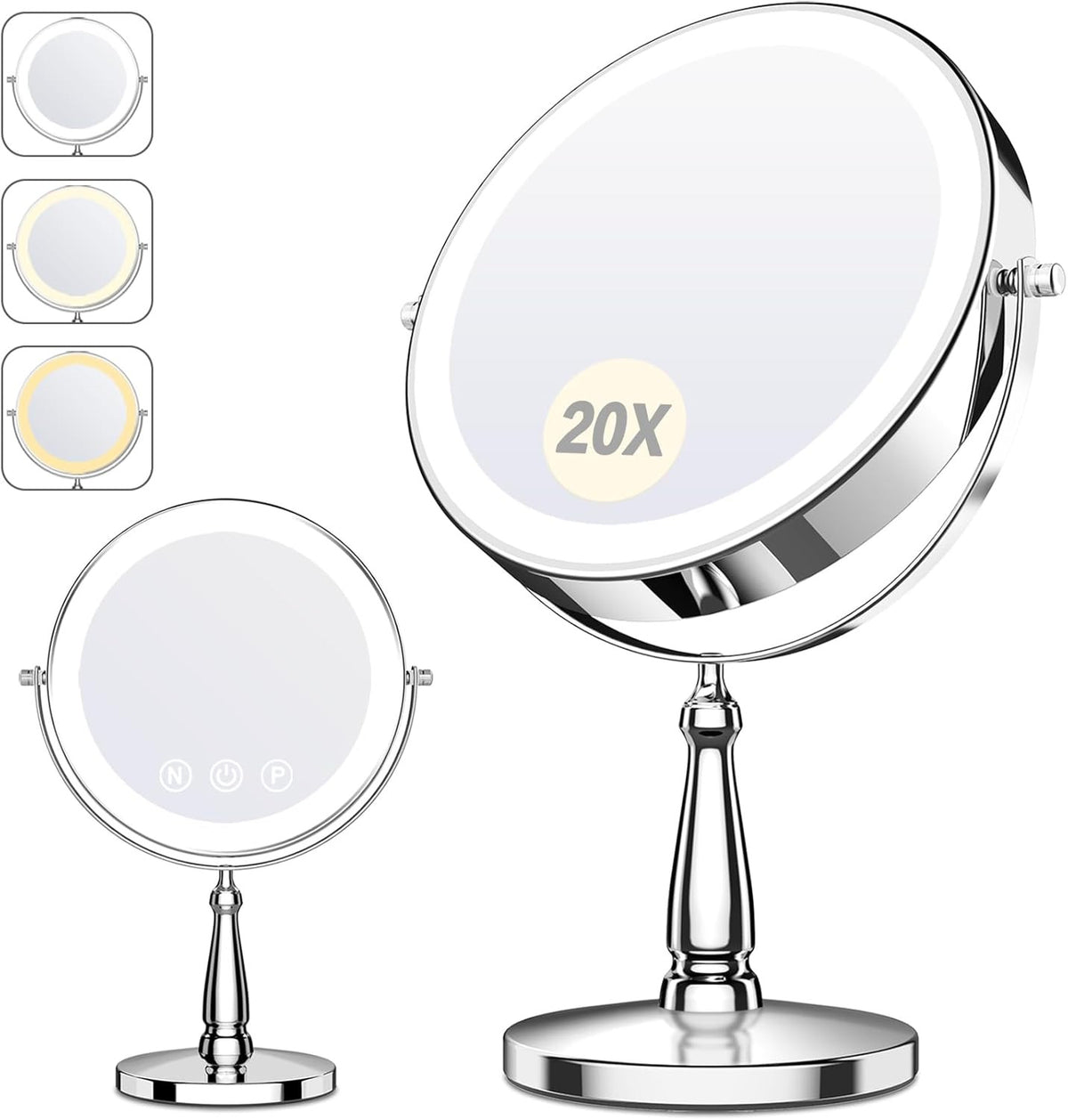 LED Lighted Makeup Mirror with 20X Magnification - Rechargeable, Touch Control, 9-Inch Dual-Sided Vanity Mirror for Women