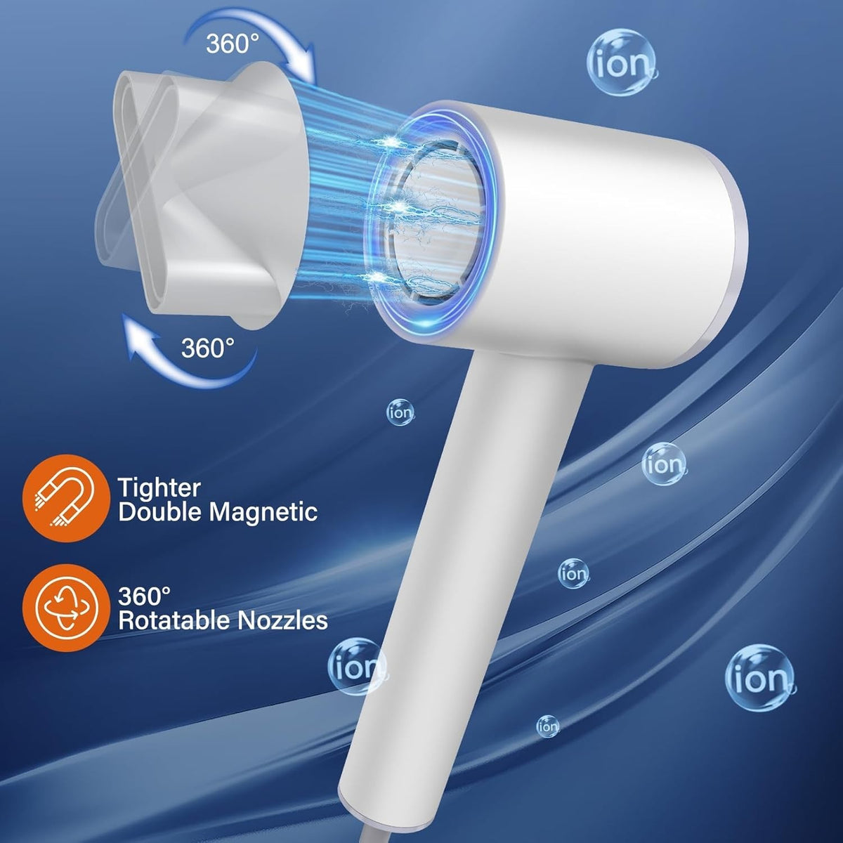 1600W High Speed Negative Ion Hair Dryer with 4 Temp & 3 Speed Modes, Magnetic Nozzle