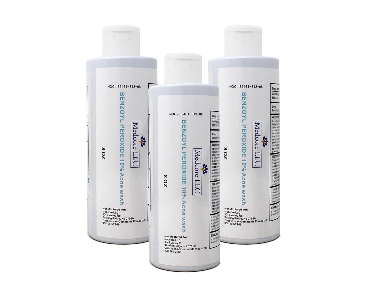 Medcore Benzoyl Peroxide 10% Acne Wash - Maximum Strength Face & Body Cleanser 8oz 3 Pack