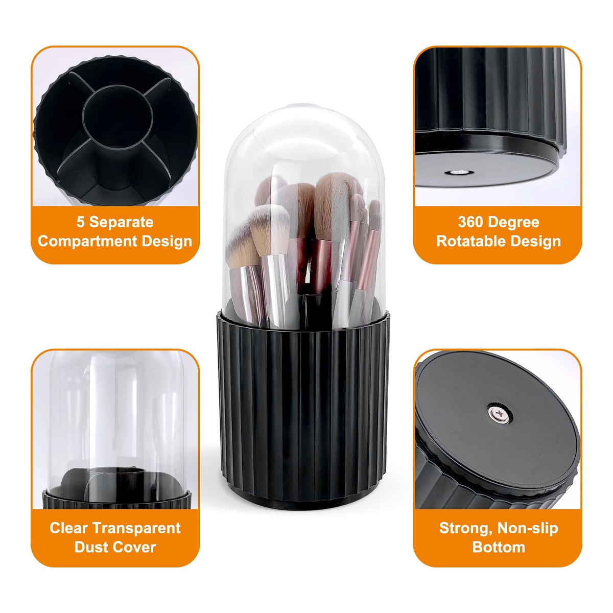 Rotating Makeup Brush Holder Organizer with Dustproof Lid 5 Slots