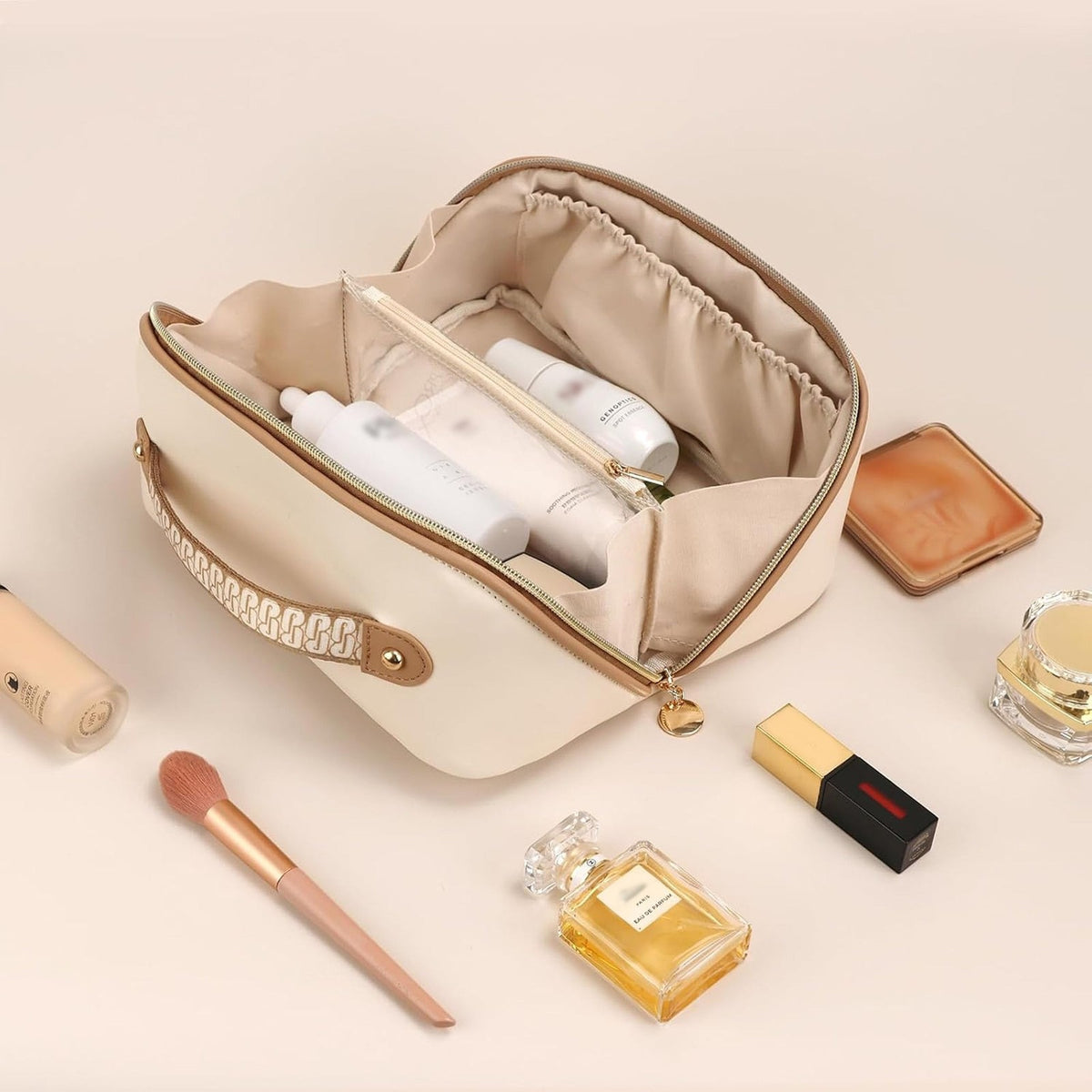 Waterproof Vegan Leather Makeup Bag for Women Travel Medium Beige