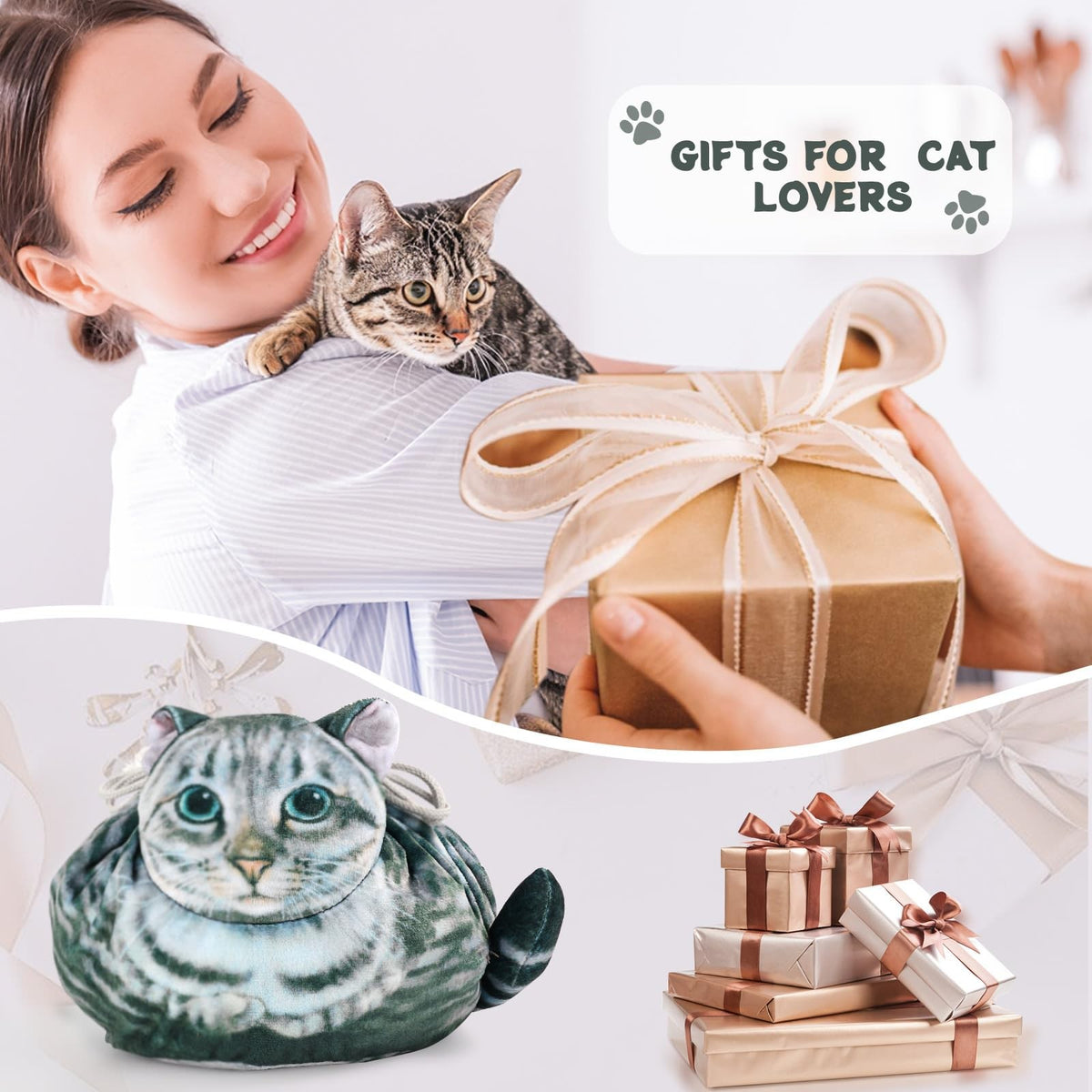 Cute Cat Shaped Drawstring Makeup Bag for Women - Grey Tabby Cosmetic Case