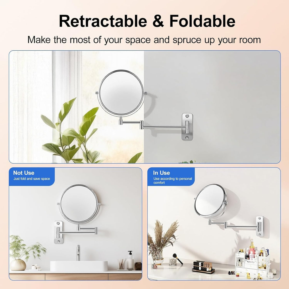 Wall Mount 10X Magnifying Makeup Mirror with 360° Rotation and Telescoping Arm