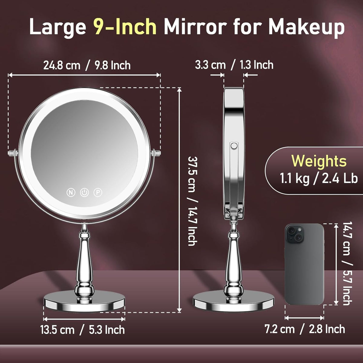 LED Lighted Makeup Mirror with 20X Magnification - Rechargeable, Touch Control, 9-Inch Dual-Sided Vanity Mirror for Women