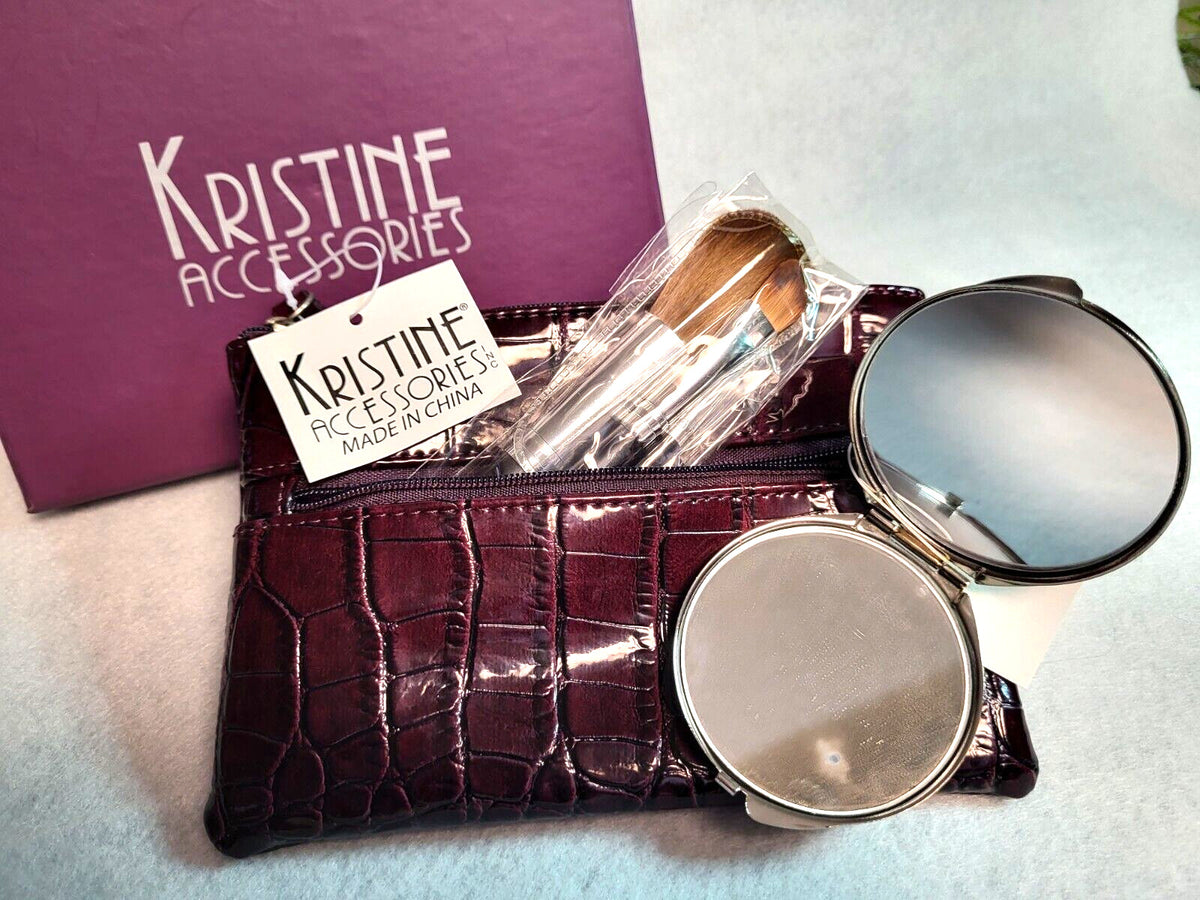 Travel Makeup Brush Set with Compact Mirror in Faux Leather Bag