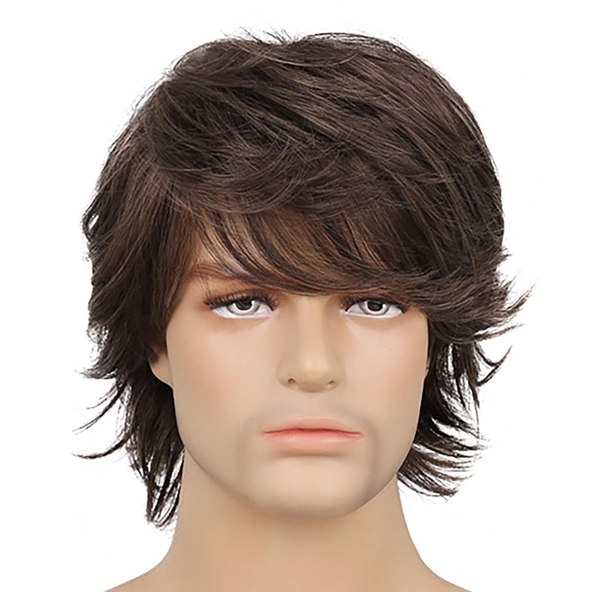 Mens Brown Short Layered Wavy Heat-Resistant Synthetic Wig for Cosplay & Casual