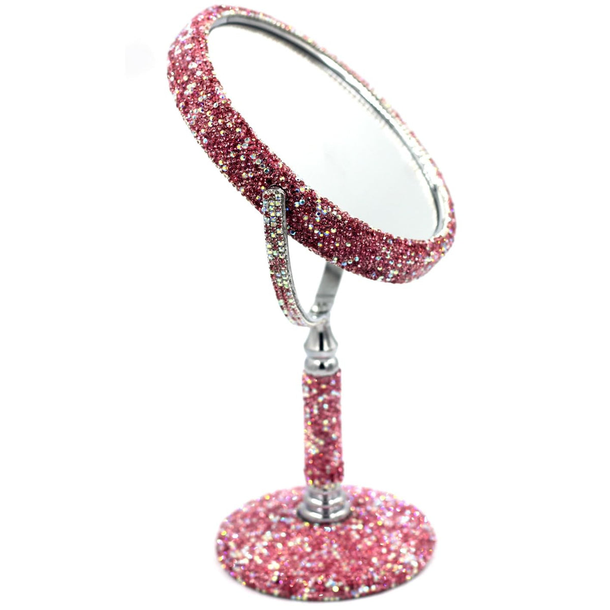 Pink Double-Sided Makeup Mirror with Rhinestones - 2X Magnification & Rotating