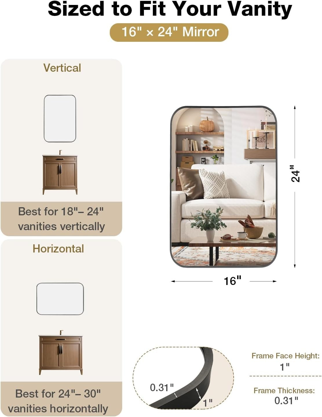 16x24 Matte Black Wall-Mounted Bathroom Mirror Rectangle Vanity