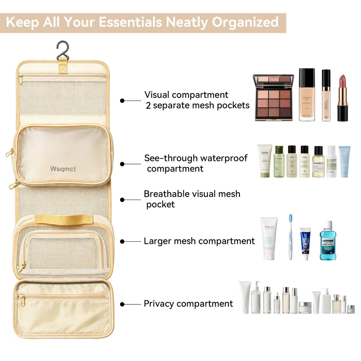 Travel Toiletry Bag Waterproof Hanging Cosmetic Organizer with 3 Bottles