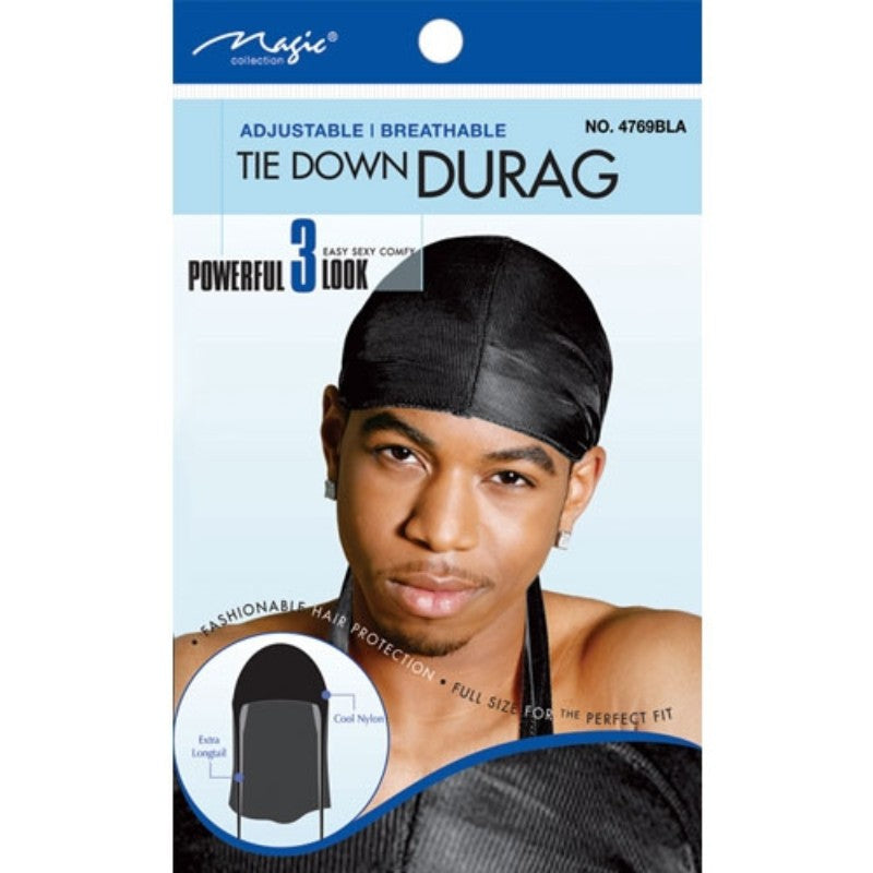 Black Tie Down Durag Pack - Silk Headwrap Cap for Wave Styling