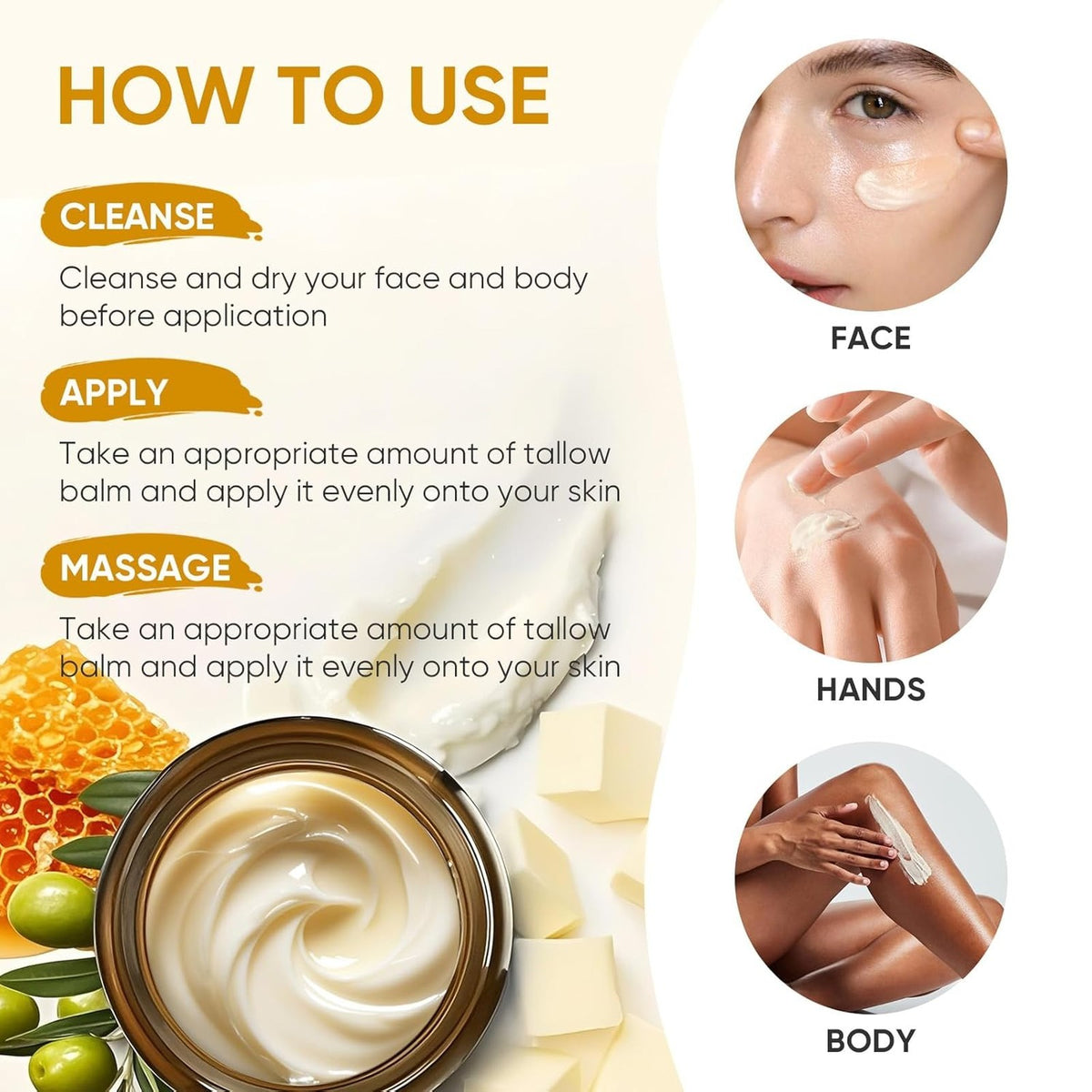 Beef Tallow Face and Body Balm 4 Oz Organic Grass-Fed Raw Honey
