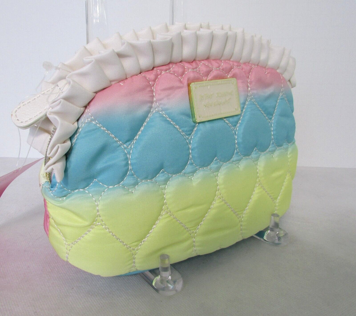 Large Rainbow Hearts Quilted Makeup Bag with Ruffle - Betsey Johnson