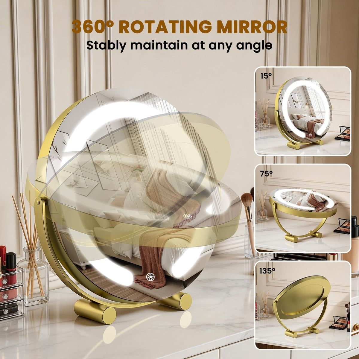 12-Inch LED Lighted Makeup Vanity Mirror with Touch Control, Dimmable & Rotatable, Gold Finish