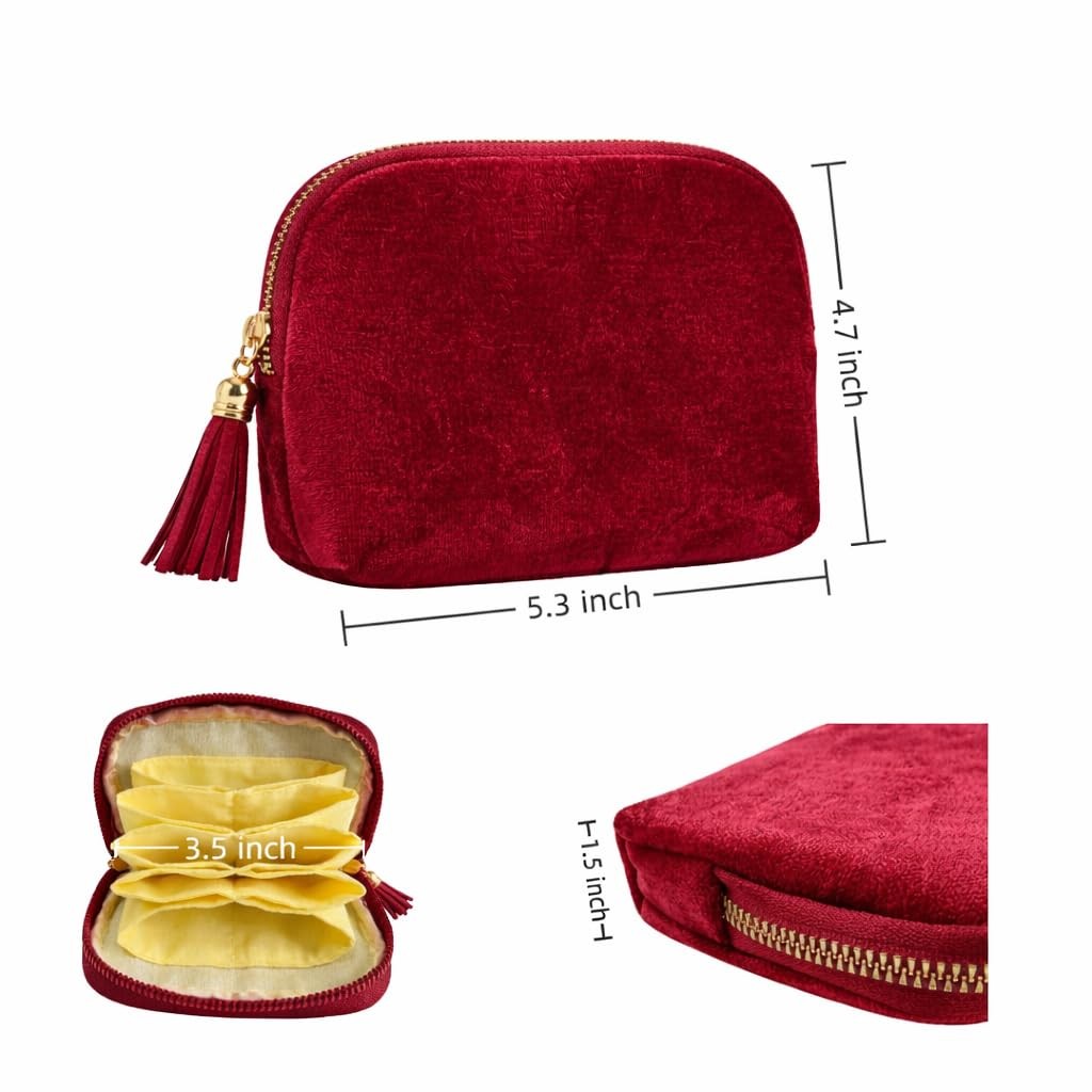 Travel Jewelry Case Small Velvet Pouch with Burgundy Red Compartments