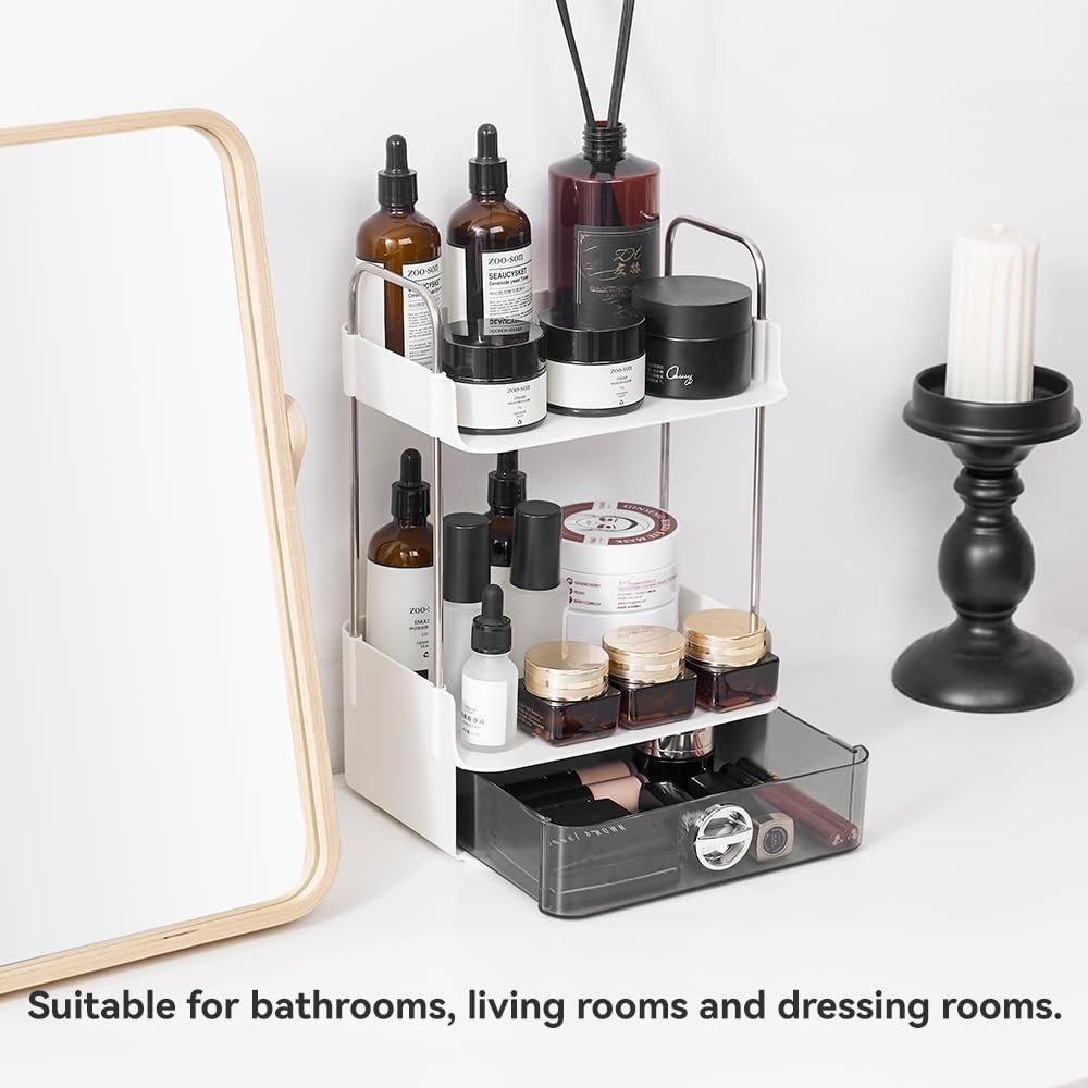 Small Makeup Vanity Organizer with Drawer, 2-Tier Bathroom Countertop Storage