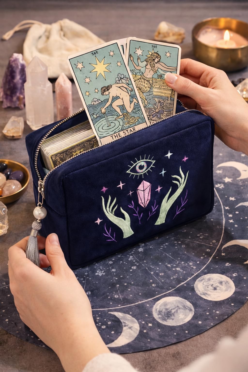 Velvet Tarot Card & Crystal Pouch with Embroidery, Zipper Closure, Gift Idea